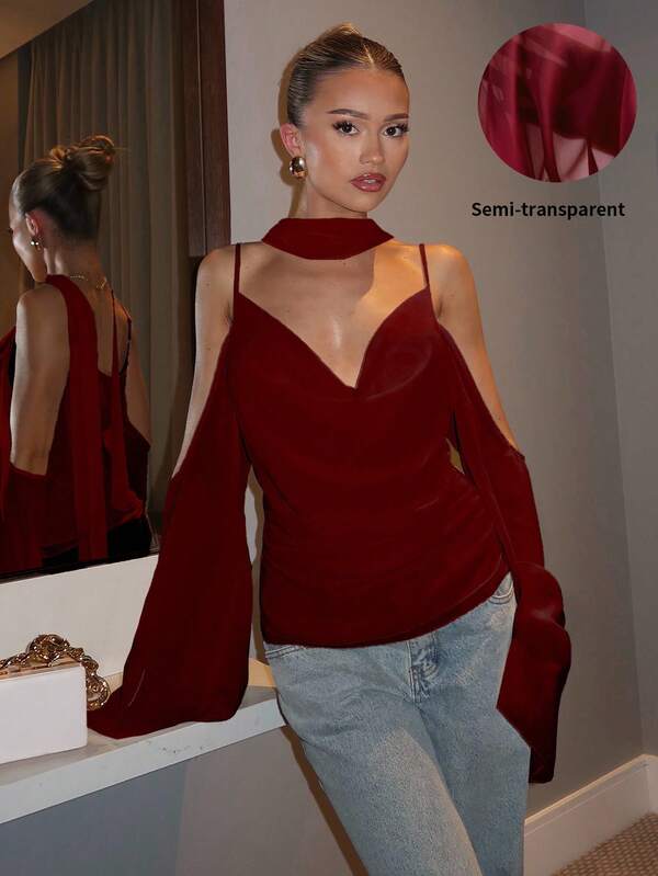 Glamine Charm Choker Neck Cold Shoulder Draped Front Ruched Top Fall Women Clothes Back To School