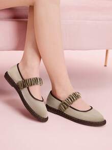 CUCCOO DOLLMOD Giày bệt nữ màu cam sáng, thanh lịch, cổ điển, thoải mái, xếp ly, kiểu Mary Jane bằng nhung. - Kaki / nâu - Xem 3