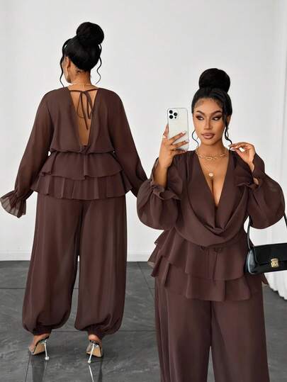 Maweii Elegant Sexy Deep V-Neck Sheer Backless Long Sleeve Top And Ankle-Length Pants Set, High-End Sophisticated Design, Brown Color, Suitable For Spring, Summer, Autumn, Vacation, Plus Size