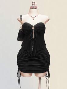 SHEIN ICON Plus-Size Women's Retro Y2K Black Summer 70's Night Out Club Party Hollowed-Out Drawstring Mesh Strapless Top&Slim Pencil Skirt Set,Valentine's Day - Black - View 4