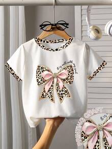 Young Girl Casual Minimalist Fashion Short Sleeve Leopard Print Bow Design Pattern Round Neck T-Shirt, Lightweight & Comfortable, Suitable For Spring/Summer, Casual Street, Outdoor, School, Party, Gift - Multicolor - View 1