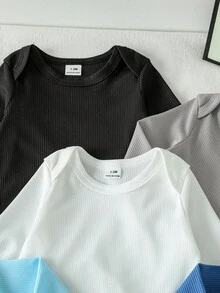 SHEIN Playful Pals 5件套男女宝宝多色长袖连体衣，适合日常穿着、外出、居家、度假、聚会，适合春、夏、秋季，男女宝宝轻薄长袖T恤，中性婴儿服装，男女宝宝套装，新生儿服装 - 彩色 - 查看 3