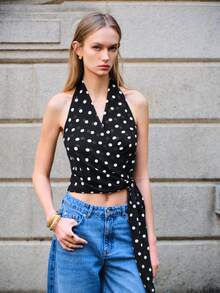 Lumivelle 女士优雅通勤休闲无袖透视波点吊带衫，春夏款 - 黑色 - 查看 5