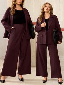 Roveilla Women's Elegant French Style Long Sleeve Blazer Jacket With Lapel Collar And Single-Breasted Design, Paired With Wide-Leg Suit Pants, Suitable For Commuting, Vacation, Afternoon Tea, Romantic Occasions, High-Quality Fabric, Spring/Autumn - Maroon - View 9