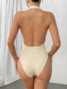 SHEIN Unity Black Deep V-Neck Backless Bodysuit, Stretchy, Soft, Comfortable, Fashionable, Casual, Sexy, Suitable For Petite Women, Spring/Summer - Apricot - View 2