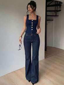 Aloruh Women's Fashion Casual Button Denim Vest Top - Blue - View 7