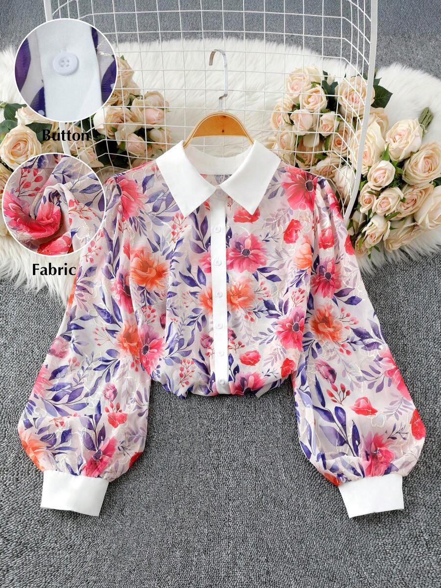 GlowEve CURVE Blusa holgada con estampado floral, mangas farol y contraste de color, estilo casual de vacaciones para mujer talla grande, primavera/otoño - Multicolor - Ver 1