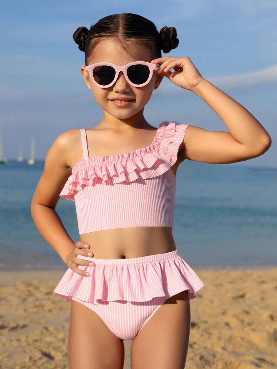 Young Girls Bikini Sets Pink And White Splicing Stripes Cute Lotus Leaf Slant Shoulder Flyedge Single Adjustable Shoulder Strap Lotus Leaf Edge Triangle Swimsuit Split Two Piece Set Suitable For Summer Vacation Beach Beach Swimming Pool Summer Party Leisure Play Swimsuits For Eight Year Old Two Pieces With Ruffles Young Girl 2 Pieces Ruffled Swimwear Set