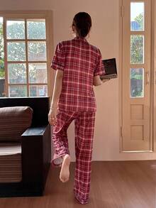 SHEIN Napfluff Cotton-Like Milk Silk Plaid Print Pattern Women Short Sleeve Pajama Set - Red - View 2