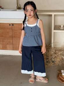 DAZY Young Girls 2 In 1 Korean Style Plaid Contrast Color Lace Patchwork Ruffle Hem Sleeveless Camisole Shirt Summer - Blue - View 1