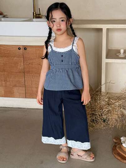 DAZY Young Girls 2 In 1 Korean Style Plaid Contrast Color Lace Patchwork Ruffle Hem Sleeveless Camisole Shirt Summer