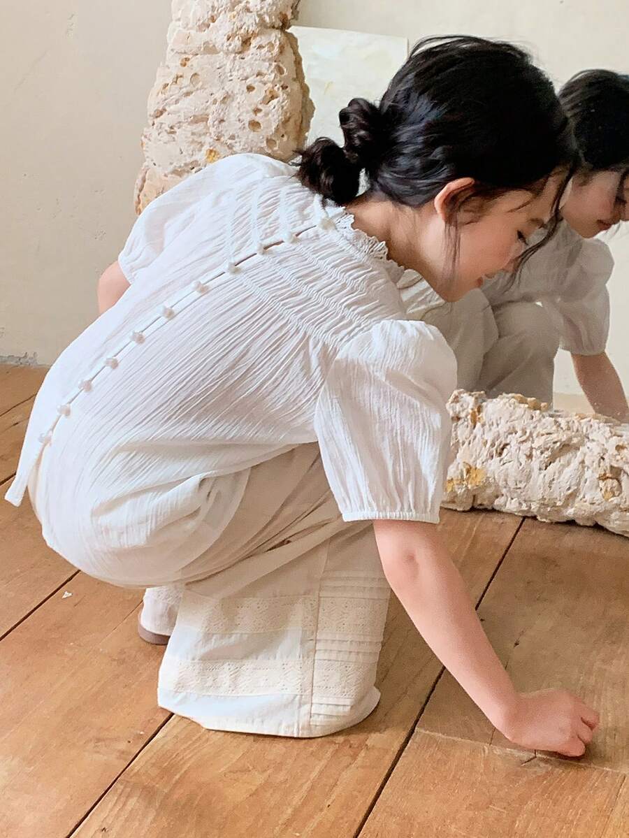 DAZY Young Girls Lace Patchwork Loose Puff Sleeve Blouse, Korean Style - White - View 1