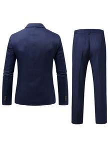 Manfinity Bizformal Men's Solid Color Lapel NeckLong Sleeve Suit Jacket And Pants Business Formal Suit Set - Navy Blue - View 2