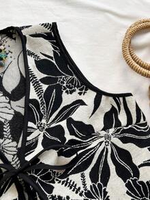 Soleia WYWF 女士度假风 V 领系带喇叭袖热带印花背心 - 黑與白 - 查看 4