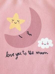 4pcs Baby Girls' Minimalist Cute Pink & Beige Star, Moon, Cloud Print Elastic Rib Knit Crew Neck Short Sleeve Top And Pants Snug Fit Pajama Set - Pink - View 6