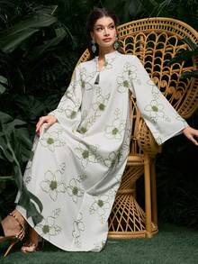 Al Najma 女士杏色编织刺绣流苏吊坠长袖优雅阿拉伯连衣裙，春夏款 - 杏色 - 查看 7