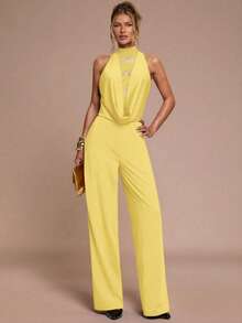 SHEIN BAE Women's Elegant Contrast Lace Halter Jumpsuit, Autumn - Yellow - View 5