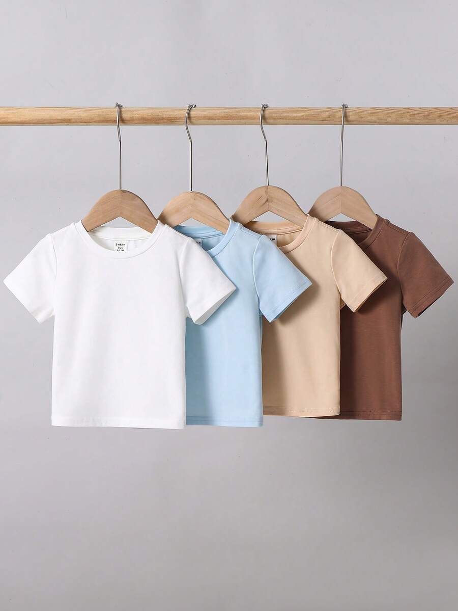 SHEIN Bộ 4 áo thun ngắn tay cổ tròn màu trơn, đa năng, thoải mái cho bé trai/bé gái. - Nhiều màu - Xem 1