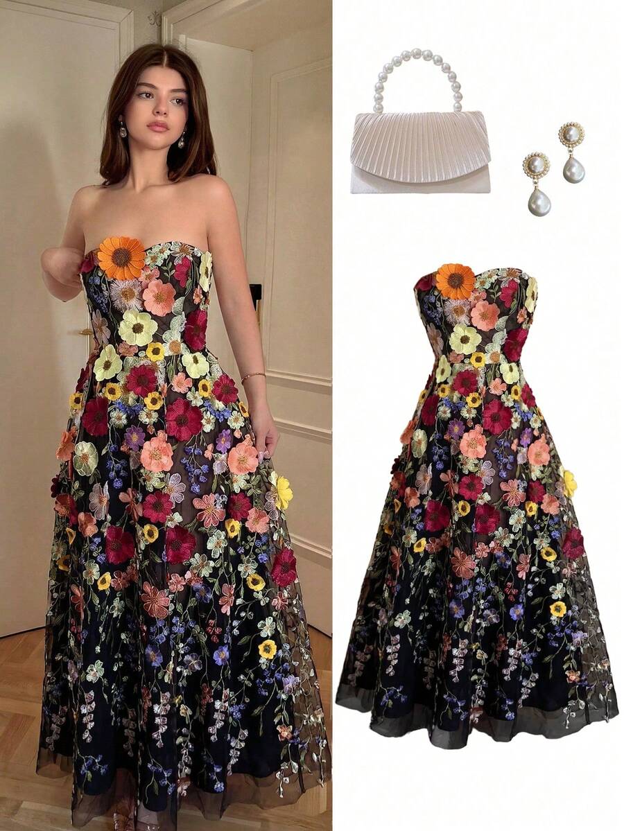 Selianne Đầm nữ dáng ôm eo bằng vải lưới, lãng mạn, thanh lịch, màu tím thêu hoa, kiểu dáng mới nhất mùa Xuân/Hè. - màu đen - Xem 1