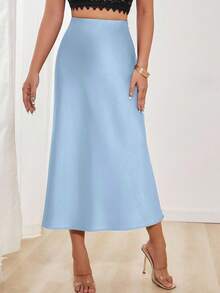 Glamine Plain Baby Blue Satin A Line Long Skirt With Zipper Detail For Parties - Baby Blue - View 4