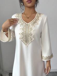 Elenzga Đầm dài tay xẻ tà thanh lịch dành cho nữ, phối nhiều dải ruy băng, thích hợp cho mùa xuân/hè. - Màu be - Xem 4