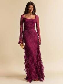 SHEIN BAE 酒红色长袖蕾丝方领褶皱优雅蕾丝连衣裙，适合鸡尾酒会、浪漫约会、聚会、伴娘礼服、情人节、女士夏季连衣裙、下午茶礼服、早午餐礼服、优雅连衣裙、红色蕾丝连衣裙 - 酒紅色 - 查看 3