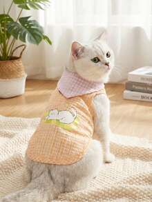 PETSIN Pale Yellow Cute Slouchy Cat English Print & Plaid Pet Sleeveless Vest Top, Breathable & Lightweight For Dogs, Spring/Summer - Multicolor - View 3