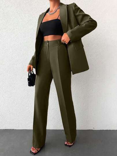 SHEIN Women's Casual & Commute Solid Color Single-Button Blazer And Pants Suit Set, Autumn