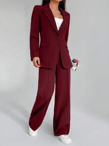 EURMUSE Bộ quần áo hai mảnh màu trơn dành cho nữ, gồm áo blazer và quần dài. - Màu Đỏ Sâu - Xem 7