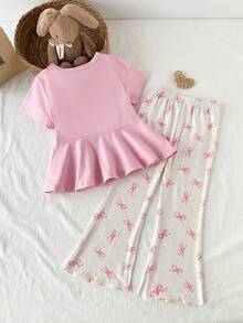 2 Stücke/Set Mädchen elegantes, süßes rosa Patchwork-Set mit Rüschenkragen, Schleifendekor, Kurzarmoberteil und apricotfarbenem Schmetterlingsdruck, weite Hosenbeine, bequeme Homewear - Pink - Übersicht 2