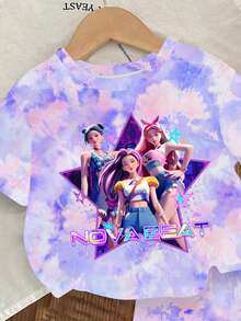 2pcs/Set Young Girls Casual K-POP Cartoon Girl Tie-Dye Pattern Short Sleeve Knit T-Shirt And Matching Tie-Dye Shorts Set, Girls Everyday & Holiday Comfortable Knit Outfit, Sporty Fashion Set For Summer - Multicolor - View 5