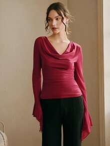 Anewsta Women's Elegant U-Neck Fitted Flare Sleeve Minimalist Commuter T-Shirt, Red Flare Long Sleeve Top - Red - View 2