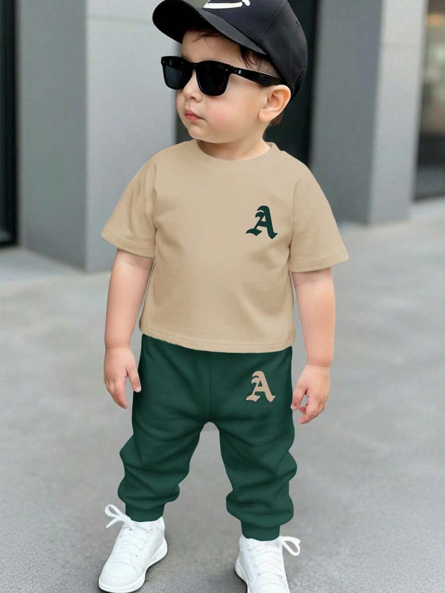 Baby Boys Casual Minimalist Round Neck Short Sleeve Pants Set, Classic Cool Stylish Simple Letter A Print - Multicolor - View 1