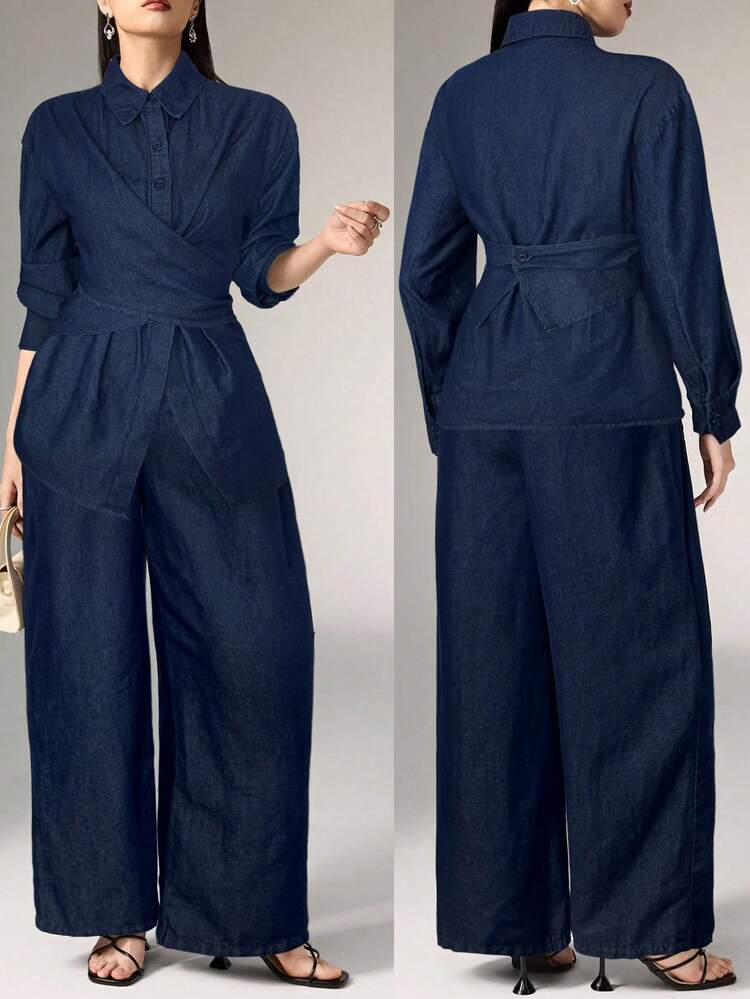 Heiryn Women's Fashion Commuter Lace-Up Waist Shirt And Jeans Set Spring To Summer Valentine's Day Carnival Costume Commuting Vacation Graduation Chic Y2k Cute Streetwear Party Wedding Elegant Business Casual Woman Ladies Elegant Dark Blue Denim Set With Waist Tie And Buttoned Cuffs - Blue - View 6