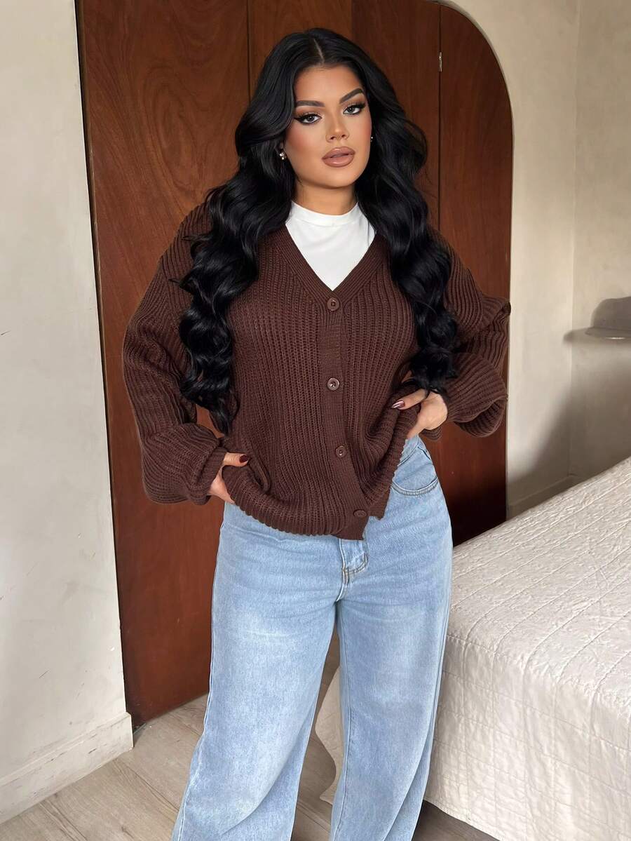 Dayanna Comas 超大款粗针织开衫上衣，优雅春假可爱性感，90年代复古风，适合春夏、机场、秋季、夜间外出、秋冬日常穿着，圣诞节、工作、感恩节等场合皆宜。 - 巧克力棕 - 查看 1