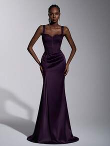 Elitara Elegant Luxury French Contrast Lace Satin Square Neck Adjustable Straps Waist Mermaid Hem Formal Gown, Business Formal Dress, Guest Dress, Evening Dress, Valentine's Day - Purple - View 4