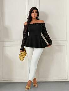 Femmeverse 大码女式露肩蕾丝边拼接纯色针织衫 - 黑色 - 查看 8