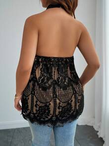 EMERY ROSE Blus Ukuran Plus Elegan Gaya Prancis dengan Kain Renda dan Lapisan Kontras, Kerah Tinggi, Atasan Tank Top Transparan Leher Halter untuk Wanita, Cocok untuk Acara Malam Musim Panas di Klub. - Hitam - View 2