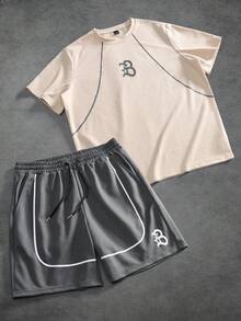 Manfinity Hypemode 男士字母印花圆领短袖休闲T恤和抽绳短裤套装，情人节，春夏，送给男友的礼物，狂欢节，复古，街头风，派对，圣帕特里克节，外出 - 彩色 - 查看 4