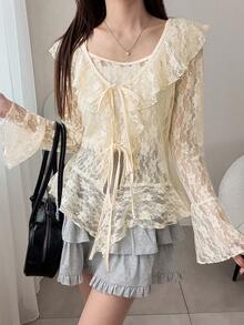FRIFUL 两件套女士蕾丝吊带衬衫，荷叶边装饰，修身浪漫上衣套装 - 白色 - 查看 6