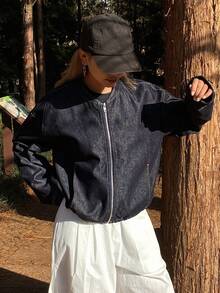 Livesso Women's Loose Fit Casual Denim Jacket With Stand Collar - Blue - View 6