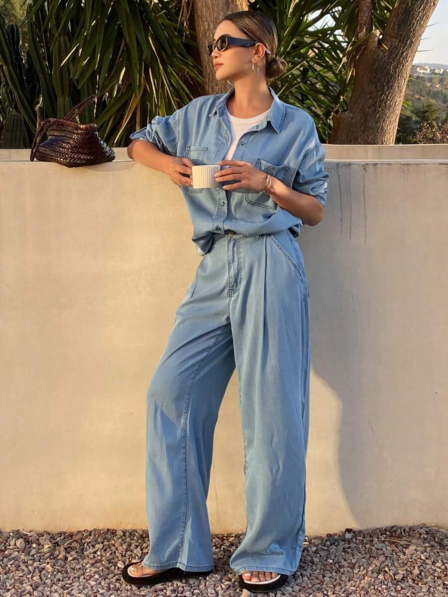 DAZY 女士休闲水洗口袋衬衫和阔腿牛仔裤套装，春秋季，婚礼宾客礼服 - 藍色 - 查看 1