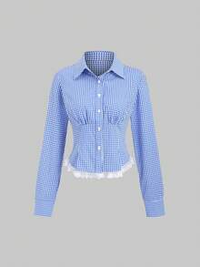 Sweetra Bộ đồ nữ mùa xuân/hè mới, thích hợp đi làm/du lịch/dã ngoại: Áo sơ mi kẻ caro xanh trắng phối ren trắng, kết hợp với chân váy chữ A cạp thấp có nơ trang trí, set 2 món. - Màu xanh lam - Xem 4