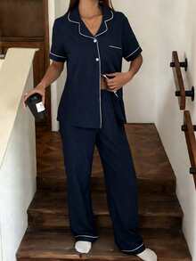 Dream Adore 女士休闲藏蓝色条纹印花翻领开衫和裤子睡衣套装 - 彩色 - 查看 3