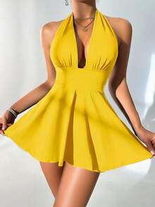 Mistrie Black Tight-Fitting Romper With Deep V-Neck, Backless Strap - Yellow - View 8