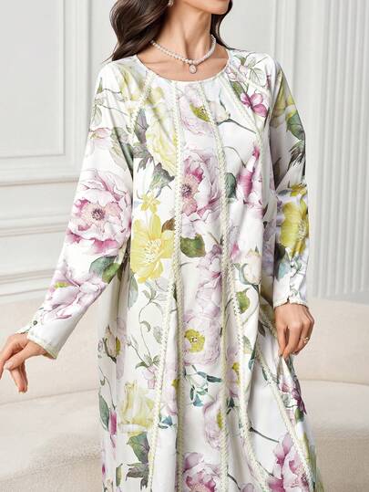 Yasmyna Women's Floral Print Elegant Long Sleeve Arabic Dress