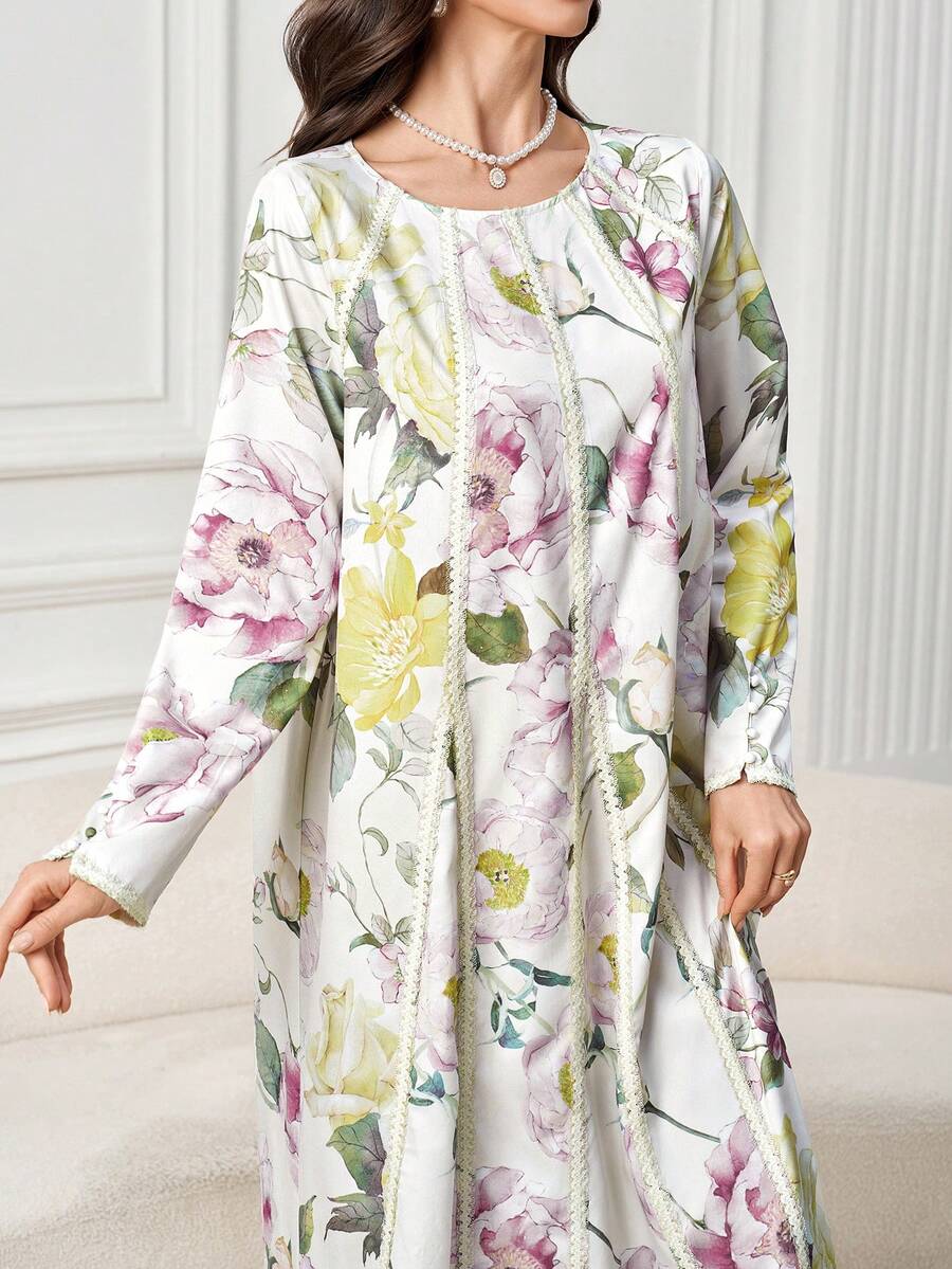 Yasmyna 女士花卉印花优雅长袖阿拉伯连衣裙 - 彩色 - 查看 1