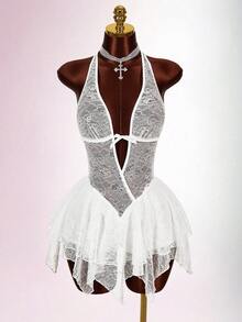 Amplova Đầm ngắn cổ chữ V sâu, hở lưng, phối ren, vạt bất đối xứng, kiểu dáng ngọt ngào và thanh lịch. - trắng - Xem 4