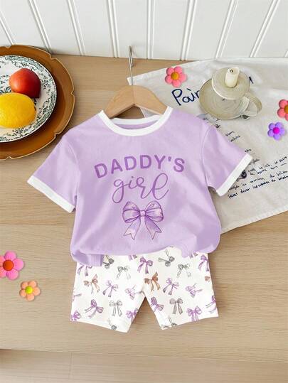 Set med kortärmad t-shirt och cykelshorts för babyflicka, avslappnad och minimalistisk, rund hals, lös, passande för vår/sommar