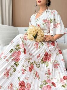 Modelyn Plus Size Women Lace Floral Print Ruffle Sleeve Elegant Midi Dress - Multicolor - View 7